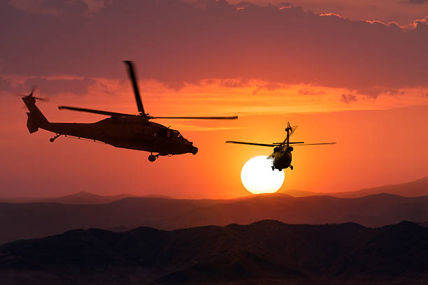 istock Two flying army helicopters on sunset background 489658504