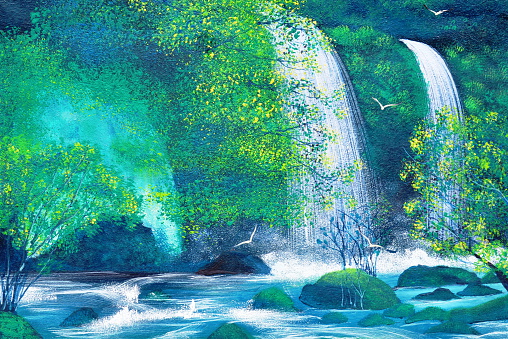 waterfall in the forest oil painting