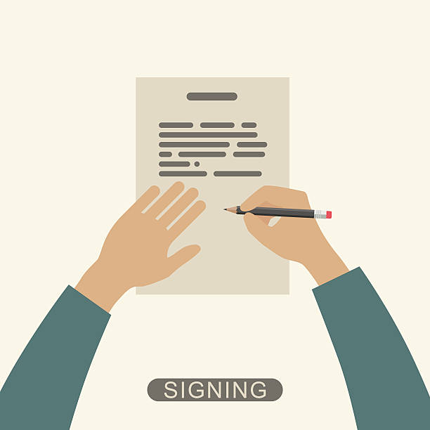 ilustrações, clipart, desenhos animados e ícones de mão assinatura do contrato. - writing instrument handwriting document note