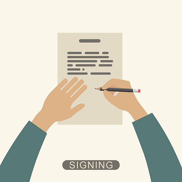 Hand signing contract. Hand holding pencil and signing contract. Vector flat illustration. man writing stock illustrations
