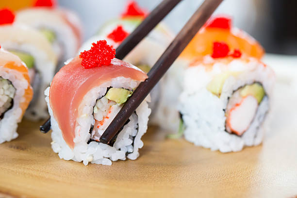 istock Sushi set and chopsticks, Japanese food 489662962