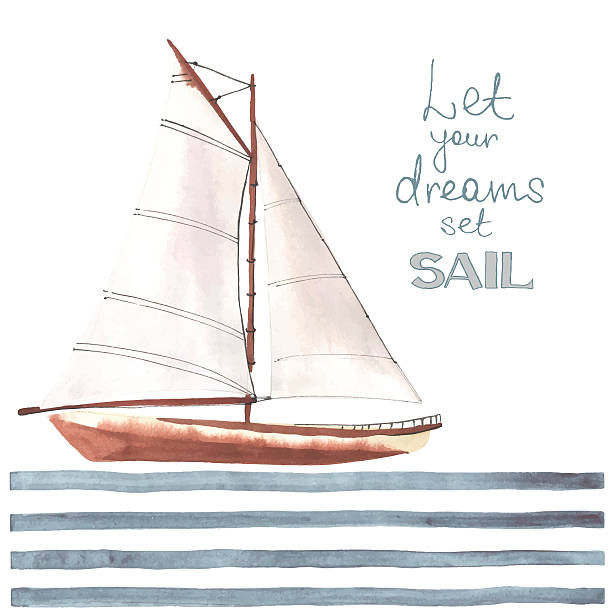 watercolor с паруса лодки - sailboat nautical vessel lake sea stock illustrations