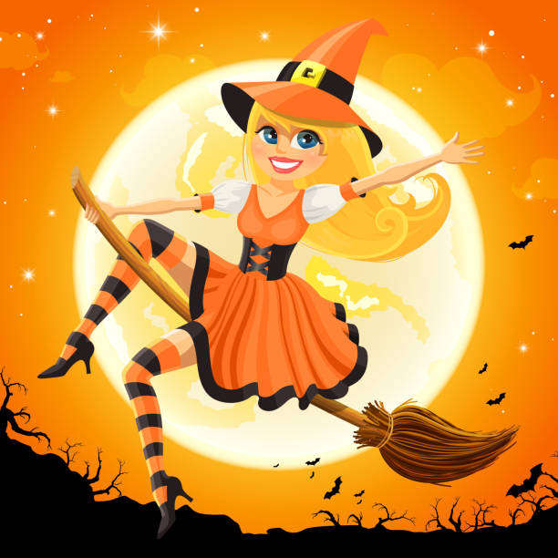 Halloween Brujas Con Escobas Y Rígidos Vectores Libres de Derechos - iStock