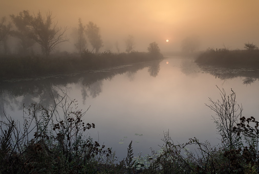 A beautiful foggy sunrise, autumn, europe, Ukraine