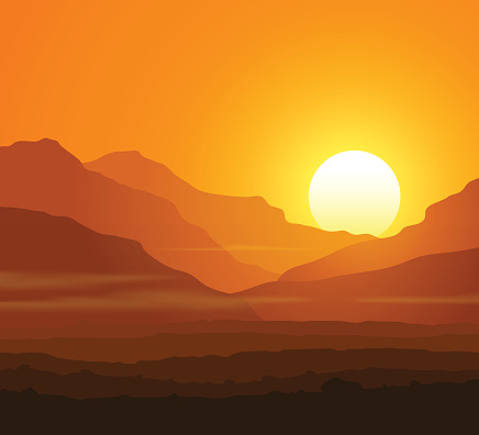 Lifeless landscape with huge mountains at sunset. Vector illustration.