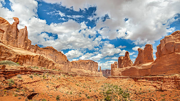 istock Panoramic view of rock formations in Arches National Park. 489689396