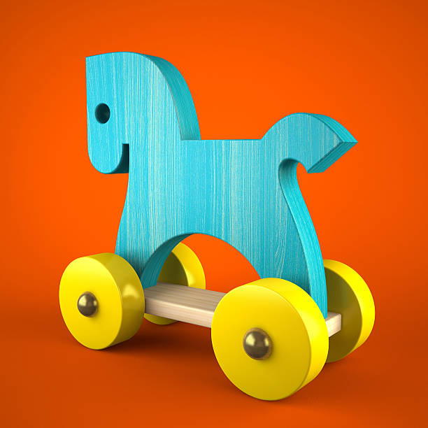 istock Blue wood horse on red background 489692939