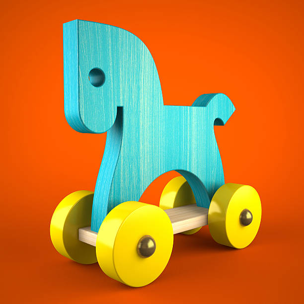 istock Blue wood horse toy on red background 489692945