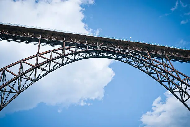 The Muengstener bridge is germanys highest railway bridge and connects Remscheid and Solingen in North Rhine Westfalia. The arch bridge construction is 107m high and crosses the valley of river Wupper. It has been erected in 1897. At the moment it is closed for traffic due to reconstruction.