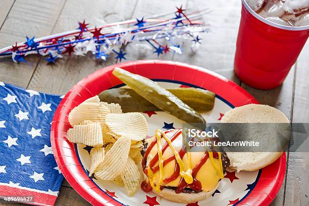 Cheeseburger With Ketchup And Mustard And A Patriotic Theme Stock Photo - Download Image Now