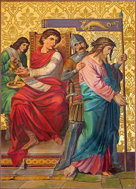 Jerusalem - The paint Jesus judgment for Pilate from end of 19. cent. by unknown artist as part of cross way cylce in Armenian Church Of Our Lady Of The Spasm.