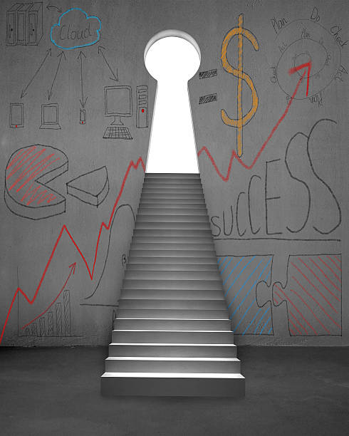 istock Up stairs to key shape door with business doodles 489695347