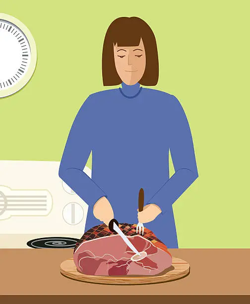 Vector illustration of Woman Slicing Cooked Ham In The Kitchen