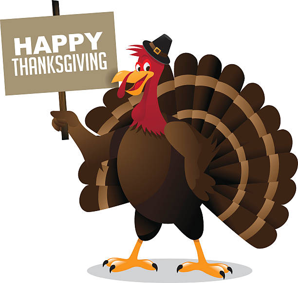 istock Cartoon turkey holding happy Thanksgiving sign. 489696586