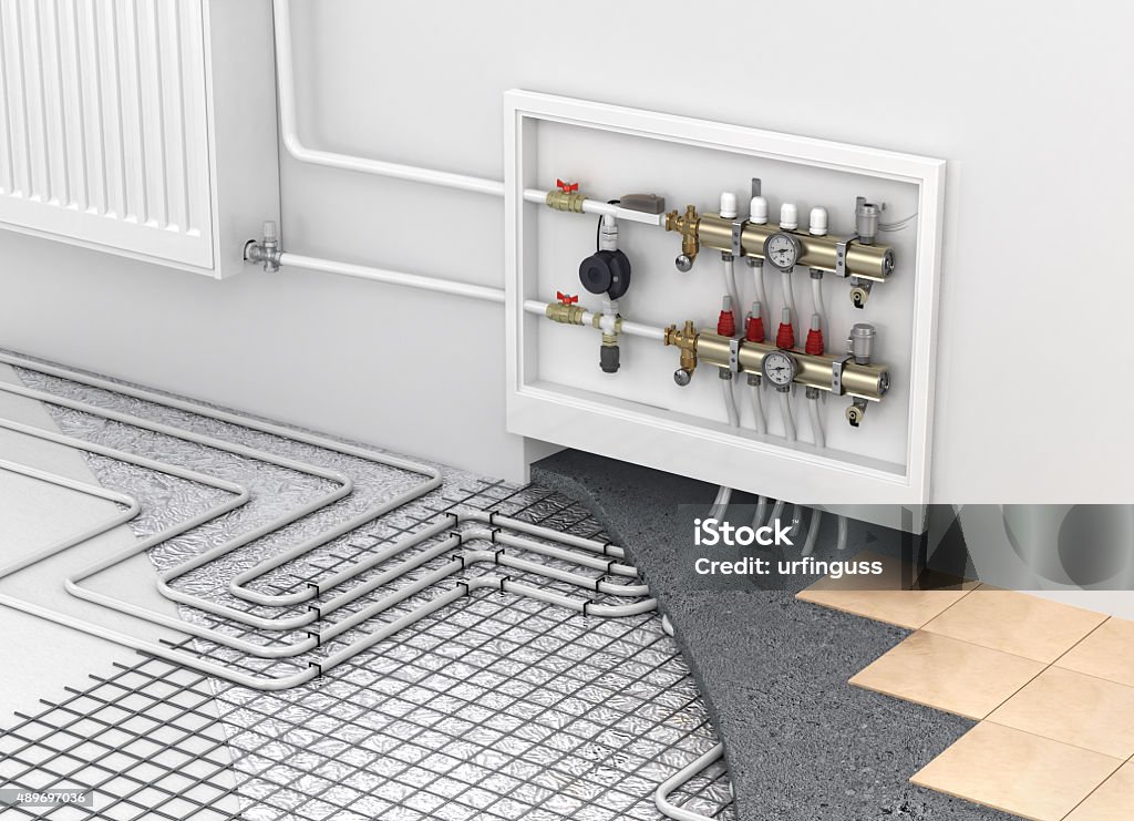 Concept of technology heating. Underfloor heating with collector and radiator in the room. Concept of technology heating. The order of layers in the floor. Radiator - Heater Stock Photo