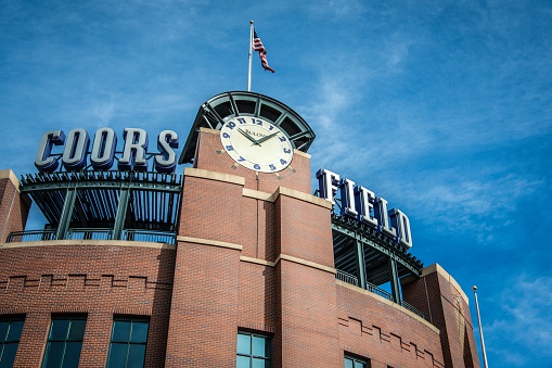 Denver, Colorado, USA - February 16, 2014: Streetside view of Coors Field, home to the MLB Colorado Rockies and named after the brewing company from Golden, Colorado.