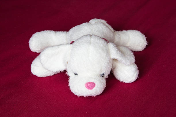 istock White cute dog doll on red fabric background 489699102