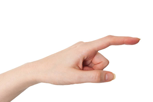 istock Female hand pointing with index finger isolated on white 489699757