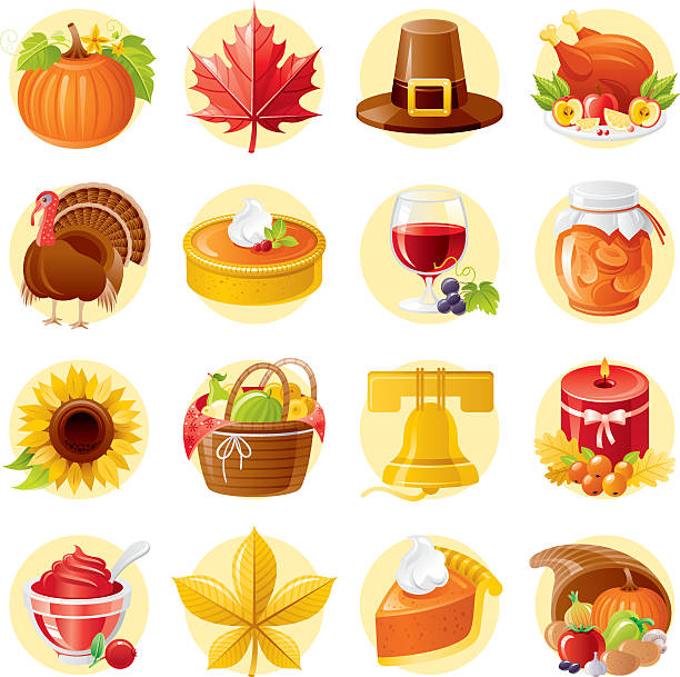 illustrations, cliparts, dessins animés et icônes de jeu d'icônes de l'action de grâces - single flower flower autumn pumpkin