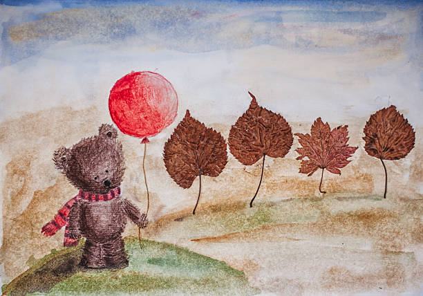 bear with balloon and trees - dry leaves stock photo