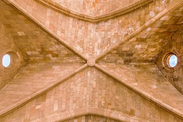 Vaulted ceiling of spectacular gates of Grandmaster Palace, Rhodes, Greece. Ceiling reconstructed in 20th century originally bore Coat of Arms of Hospitaller Brothers of St. John.