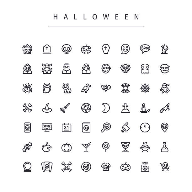 halloween-linie icons set - clown evil horror spooky stock-grafiken, -clipart, -cartoons und -symbole