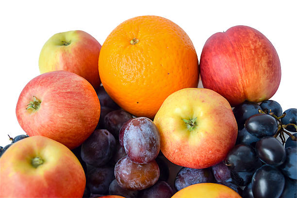 Juicy fresh fruit: oranges, nectarines, apples, grapes.