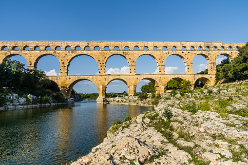 Pont du Gard, famous roman aqueduct in southern France near Nimes.