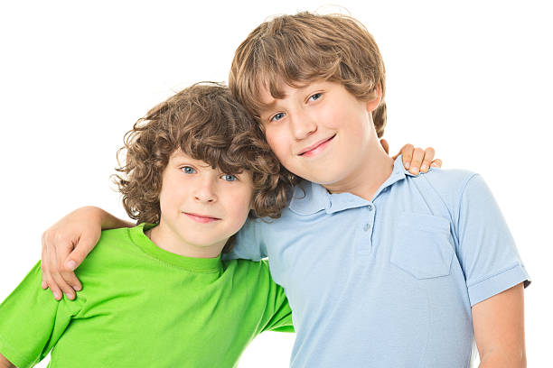 DSL picture of happy two brothers. Picture isolated on white.