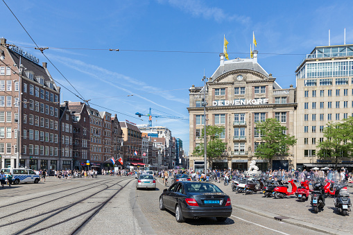 Amsterdam, The Netherlands - August 06, 2015: People and traffic at De Dam, central plaza of the Dutch capital city