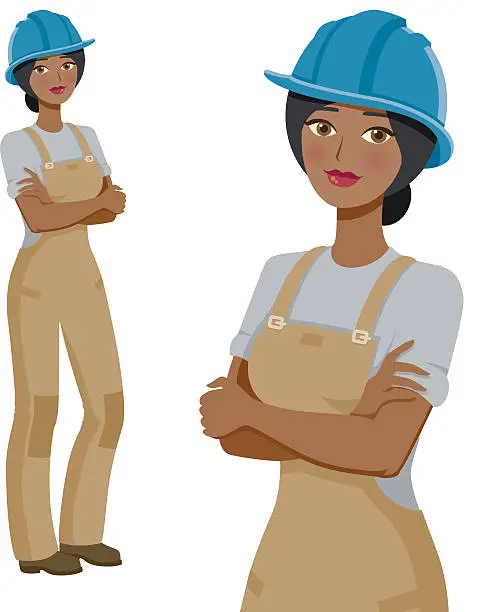 Vector illustration of Construction Worker Professional Woman Icons, Full Body and Waist Up