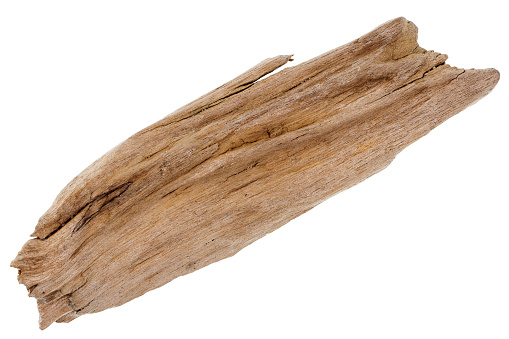 Flat piece of driftwood isolated on white background