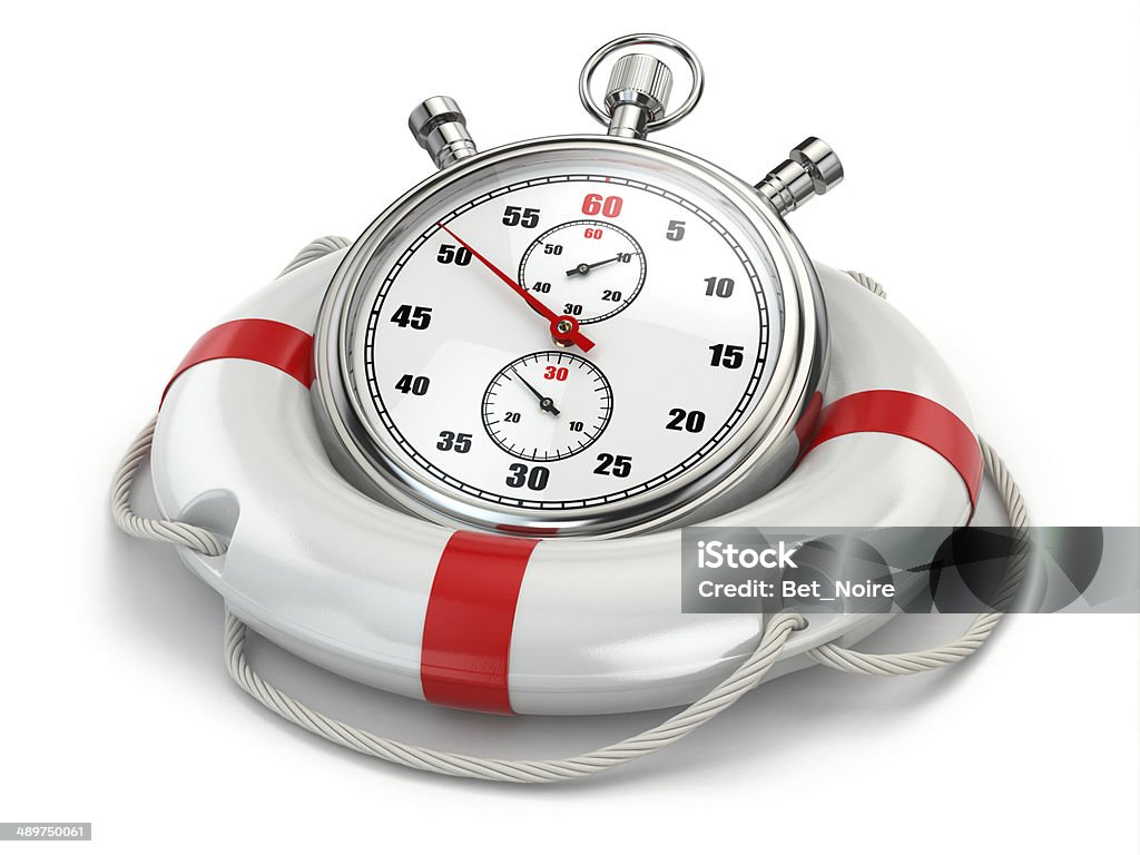 Fast first help. Stopwatch in lifebuoy Fast first help. Stopwatch in lifebuoy on white isolated background. 3d Stopwatch Stock Photo