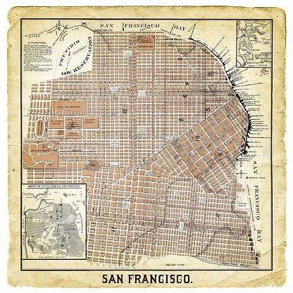 Map of San Francisco, 1882, composed with 2 vintage stained papers.