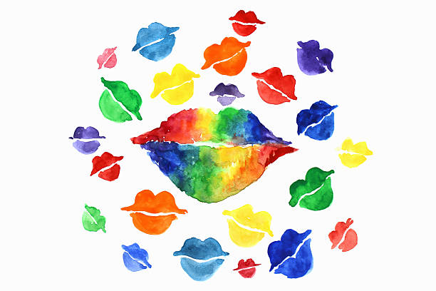 Colorful lipstick kisses with butterflies for background.