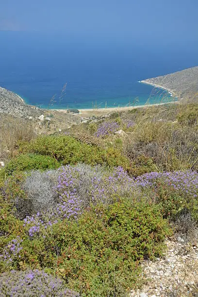 Beach viewed from the mountains. Taken in Ios, one of the Cyclad islands in Greece. 