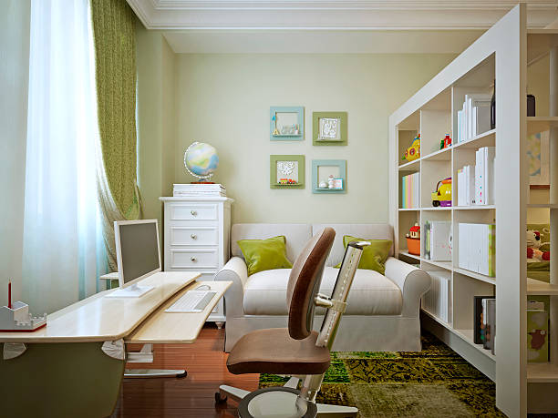 istock Modern children's room with children's table and shelving. 489757030