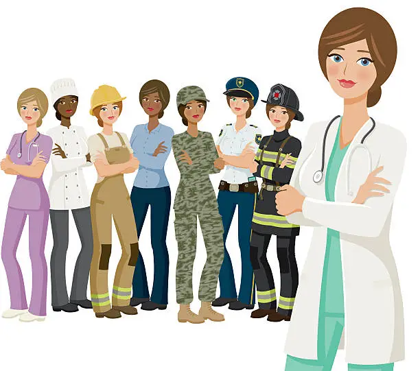 Vector illustration of Group of Female Workers, Various Professions and Ethnicities