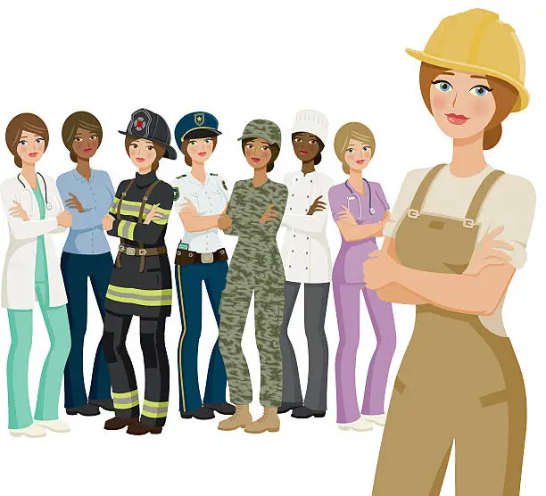 Vector illustration of Group of Female Workers, Various Professions and Ethnicities