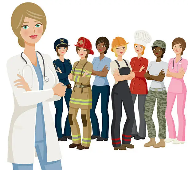 Vector illustration of Group of Female Workers, Various Professions and Ethnicities