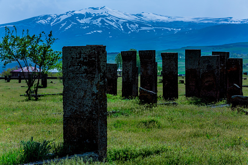 Tombstones of Seljuks in Ahlat and Suphan Mountain at Turkey - backlit