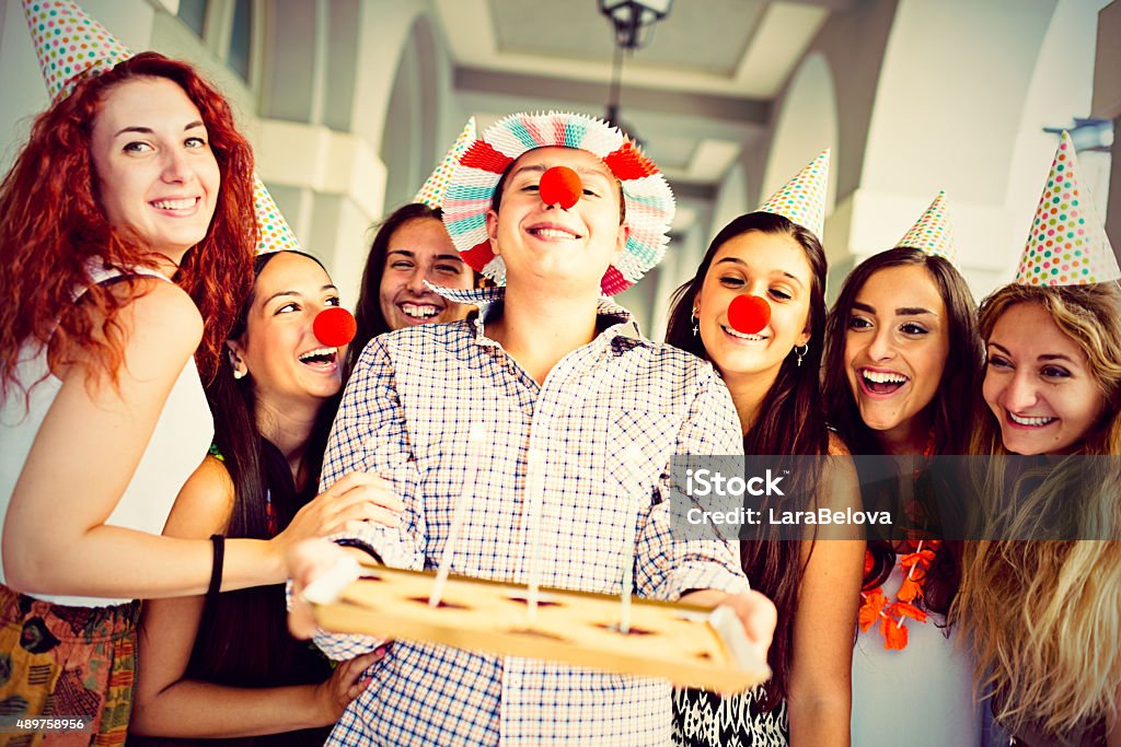 Teens group celebrating Birthday Costume Stock Photo