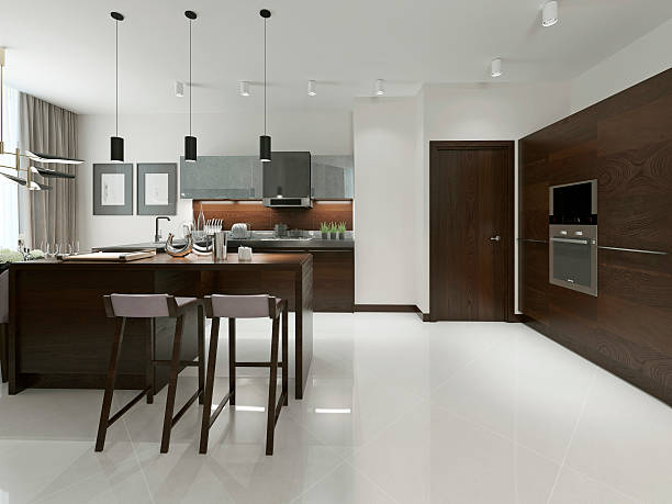 istock Interior of modern kitchen with bar and bar stools. 489759208