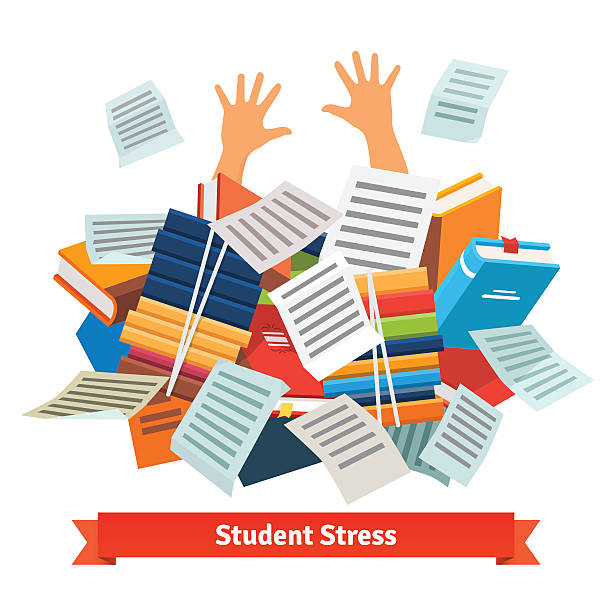Student stress. Studying buried under a book pile Student stress. Studying pupil buried under a pile of books, textbooks and papers. Flat style vector illustration isolated on white background. no more homework stock illustrations