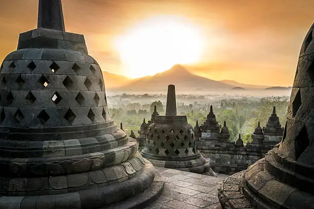 Sunrise at Borobudur temple on Java island, Indonesia