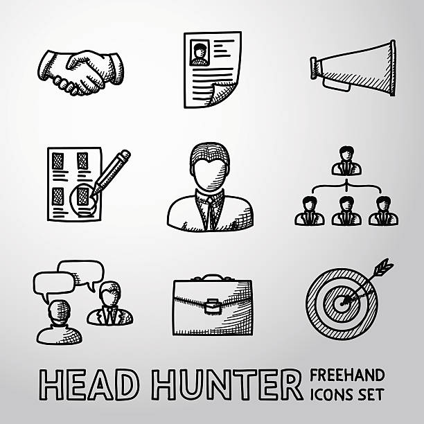 Set of handdrawn Head Hunter icons  - handshake, resume, mouthpiece Set of handdrawn Head Hunter icons with - handshake, resume, mouthpiece, choice, employee, hierarchy, interview, portfolio, target with arrow in center. Vector illustration interview event drawings stock illustrations