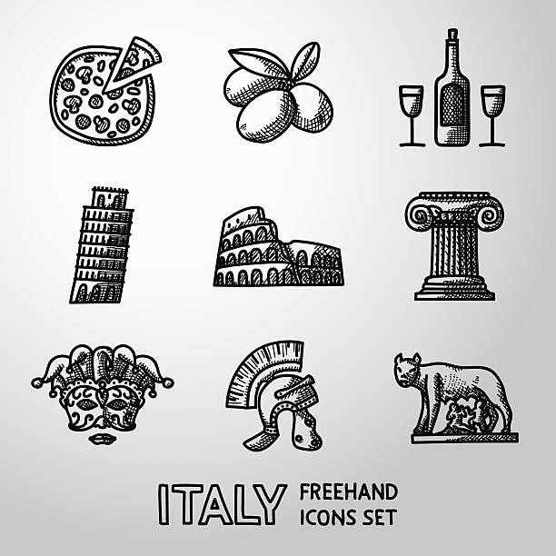 ilustraciones, imágenes clip art, dibujos animados e iconos de stock de conjunto de iconos de italia a mano alzada, pizza, aceitunas, vino, pisa - olive olive tree italy italian culture