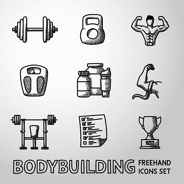 ilustrações, clipart, desenhos animados e ícones de conjunto de ícones com aerógrafo bodybuilding-halteres, peso, bodybuilder - muscular build men human muscle body building exercises