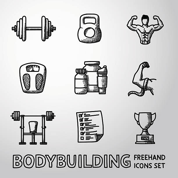 Set of Bodybuilding freehand icons with - dumbbell, weight, bodybuilder Set of Bodybuilding freehand icons with - dumbbell, weight, bodybuilder and scales, gainer and shaker, measuring, barbell, schedule, goblet. Vector illustration gym drawings stock illustrations