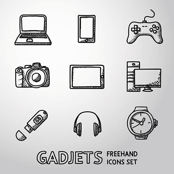 illustrazioni stock, clip art, cartoni animati e icone di tendenza di set di icone di gadget handdrawn-notebook, telefono, gamepad - leisure games computer monitor equipment joystick